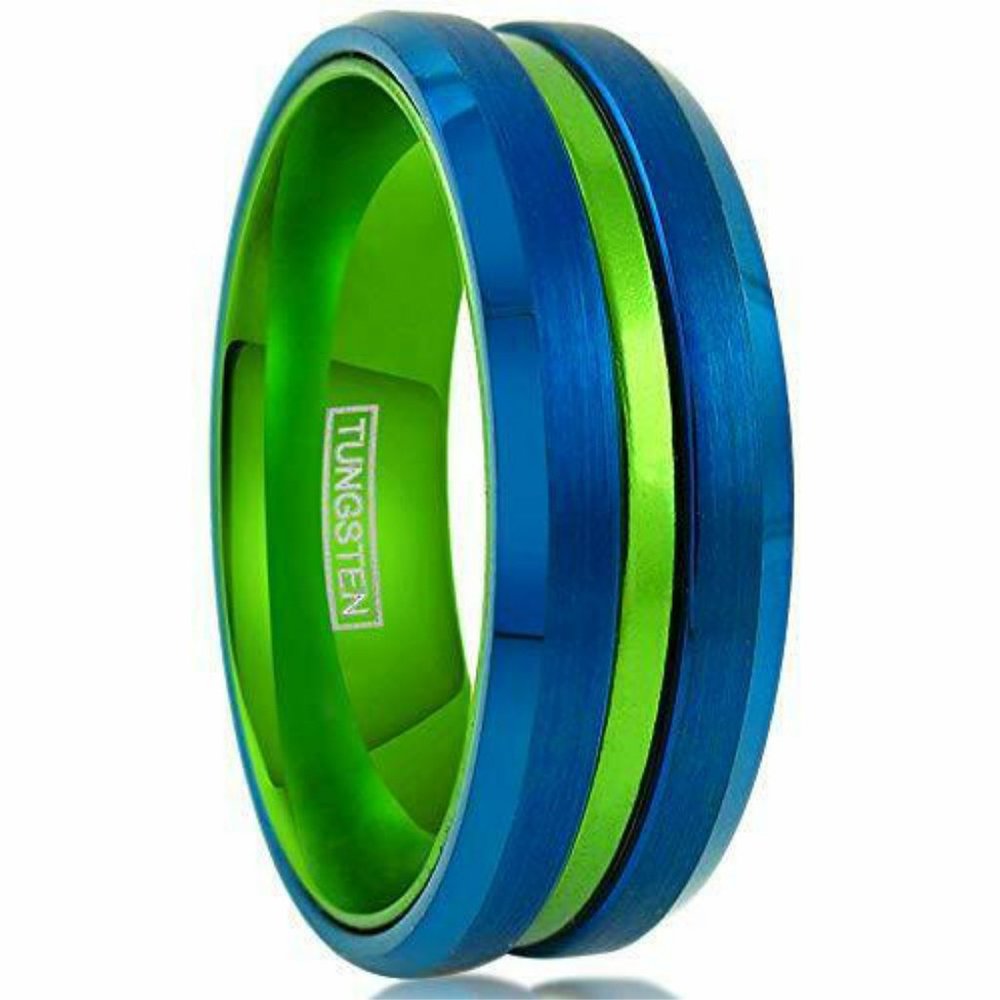 Mens Tungsten Wedding Band 8mm. Blue Matte Top Ring w/ Green Groove & Inside